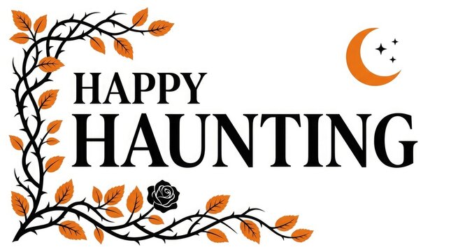 Happy haunting halloween greeting with spooky branches a crescent moon and fall leaves