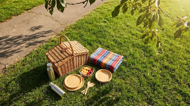 Idyllic outdoor picnic setting on a sunlit grassy knoll, featuring a classic wicker basket, colorful blanket, fresh fruit, and drinks for a delightful summer gathering