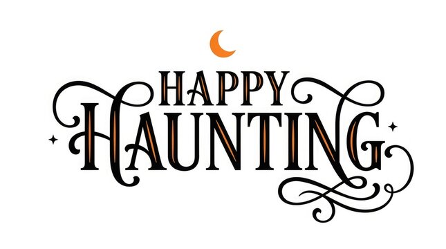 Happy haunting halloween lettering with crescent moon illustration on a white background