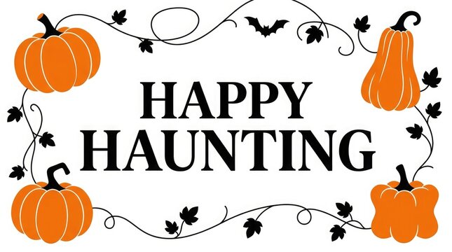 Happy haunting halloween greeting with pumpkins vines and bats on a white background