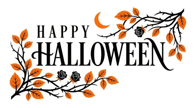 Happy halloween watercolor lettering with autumn leaves and spooky branch illustration