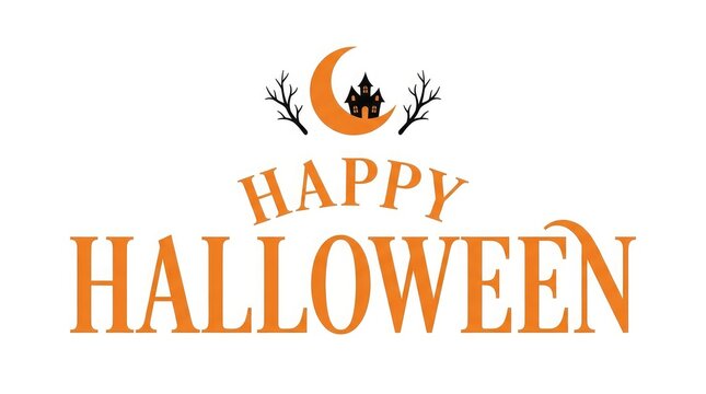 Festive happy halloween lettering with a crescent moon and bats illustration