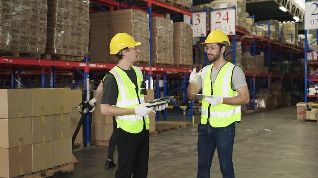 Teamwork of men warehouse workers in yellow helmets holding a tablet, working, talking, discussing, planning, inventory, moving cardboard boxes by hand pallet truck in logistics distribution factory. 