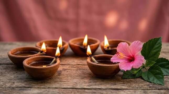 Several small clay diya lamps with flickering flames arranged in a semi-circle on a wooden surface next to a vibrant pink hibiscus flower