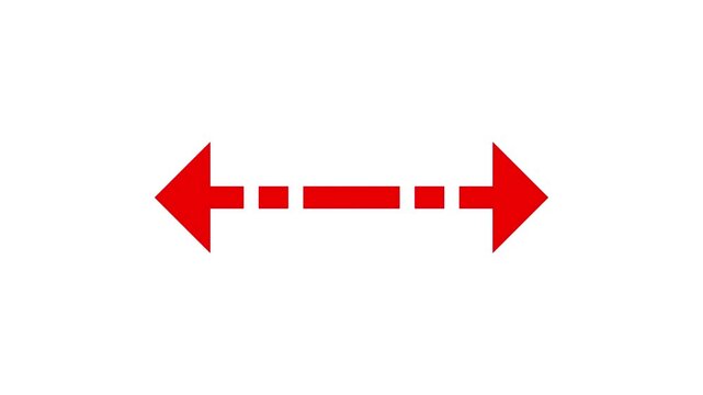 Red horizontal double arrow icon with dashed line pointing in opposite directions for navigation and web design elements isolated on a plain surface for simple visual graphics