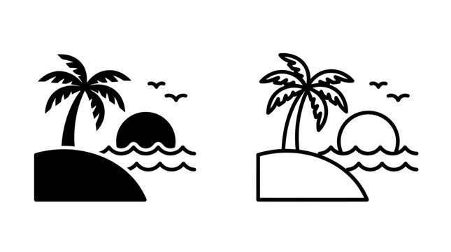 Tropical sunset island palm tree icon set outline and silhouette with tropical