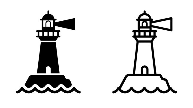 Coastal lighthouse on island rock with shining beams icon set lighthouse navigation