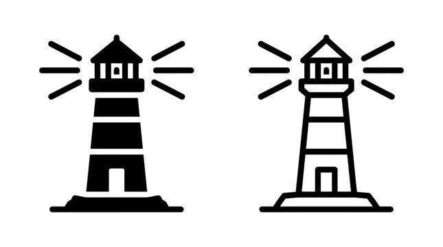 Striped lighthouse tower with rotating light beams icon vector lighthouse guidance