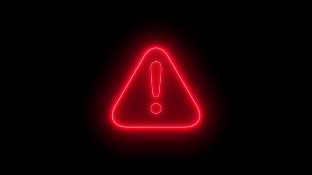 Bright red neon exclamation mark warning sign inside a triangle glowing on a dark black background representing danger and attention for digital web interface and security concept