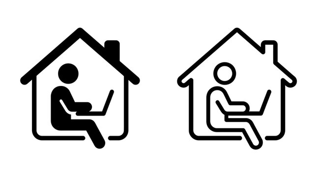 Remote work icon set featuring a person using a laptop inside a house outline
