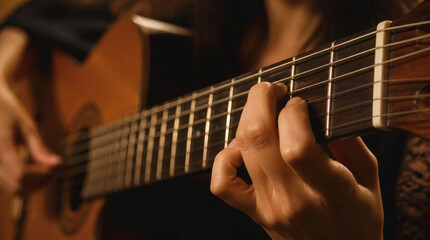 Fototapeta premium Musician Playing Guitar Close up on Fingers and Frets