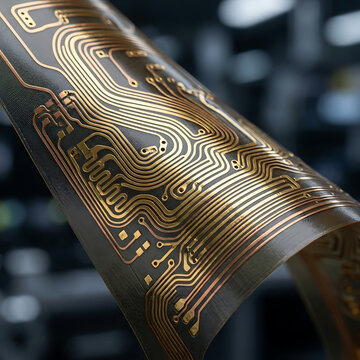 Flexible printed circuit board with glowing copper traces showing advanced microelectronics technology
