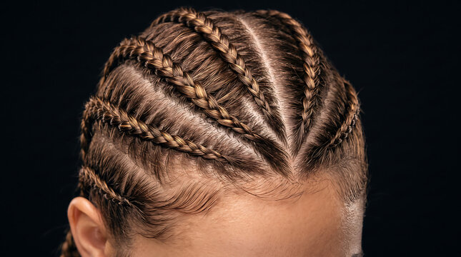 Symmetrical cornrow braids with precise spacing and neat rows, showcasing intricate hair design and textured scalp pattern against a dark background for professional hairstyle presentation