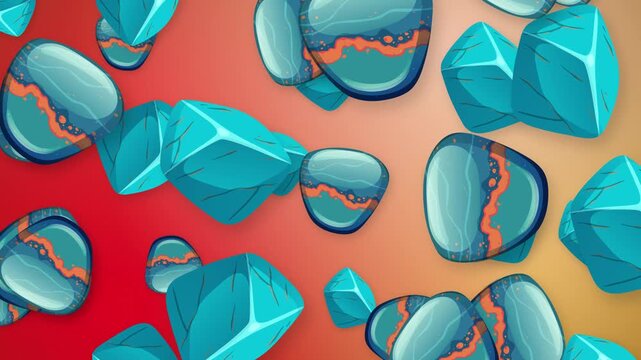 Stylized Blue Stones and Crystals Falling Over Red Mesh Background