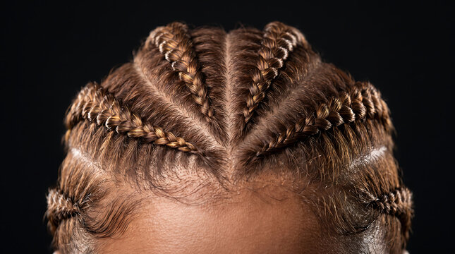 Close-up of neatly styled cornrow braids hairstyle on dark background with hairstyle cornrows background professional creation artistic portrait stunning geometry