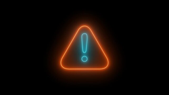 Glowing orange triangle warning sign with a bright blue neon exclamation mark in the center against a pitch black background representing caution and digital hazard alerts