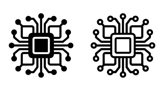 Central processing unit microchip electronic circuit icon set with microchip