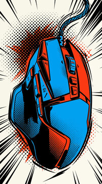 Ergonomic Computer Mouse with Red and Blue Accents, Comic Book Style