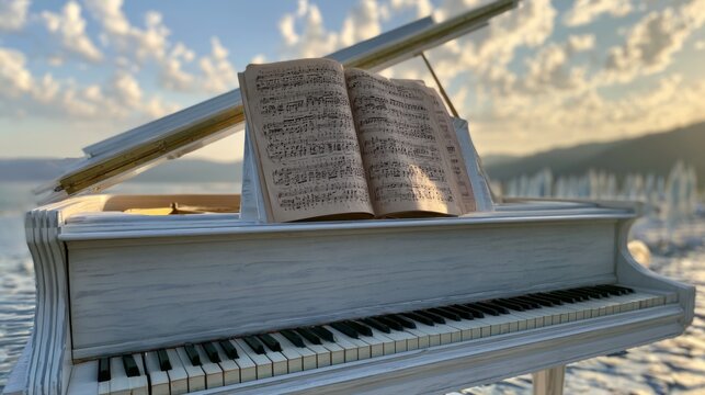 Elegant white grand piano with open sheet music against a serene lake backdrop and cloudy sky, evoking tranquility and musical inspiration