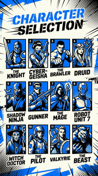 Character Selection Screen, Video Game Interface, Fantasy Heroes