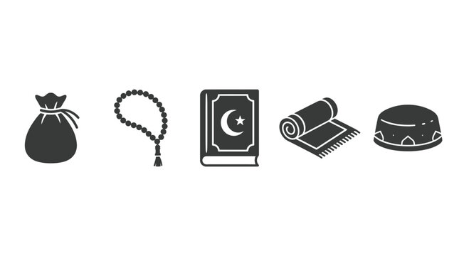 Islamic prayer and worship vector icons set with Quran tasbih and prayer mat