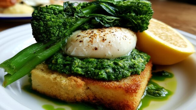 Delicious Poached Egg on a Bed of Green Sauce with Broccolini and Lemon Slice Served on Artisan Bread
