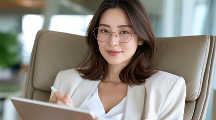 Fototapeta premium A professional businesswoman wearing glasses and a suit, confidently looking at the camera while holding a tablet. Her office environment suggests a modern and sophisticated setting