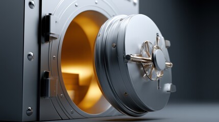 Fototapeta premium An open vault door made of stainless steel with a golden interior glowing warmly inside. The security door is partly ajar, revealing the wealth and treasure hidden within this secure storage