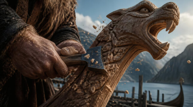 Viking Craftsman Carves Dragon Head Figurehead on Ship Deck by Fjord