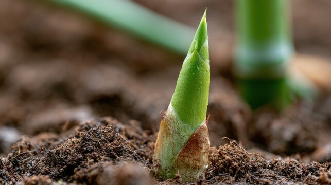 A close-up shot of a small green sprout emerging from the dark soil. The sprout has a pointed tip and is beginning to unfurl its first leaves, signifying new life and growth