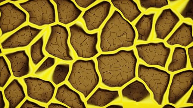 Abstract cracked earth surface with glowing yellow lava lines background animation 4K