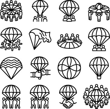 Minimalist vector icons of diverse children playing parachute games in gym class for school teamwork and outdoor cooperation.