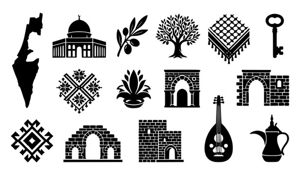 Palestine Cultural Symbols and Traditional Heritage Icon Set Featuring Map Al-Aqsa Dome Olive Branch Keffiyeh Tatreez Embroidery Pattern and Oud Musical Instrument