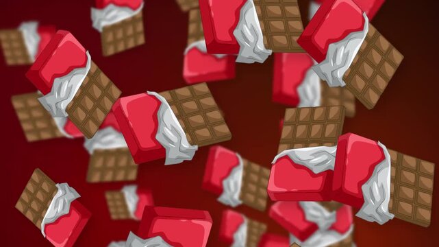 Falling Chocolate Bars and Red Wrapped Candy on Dark Background