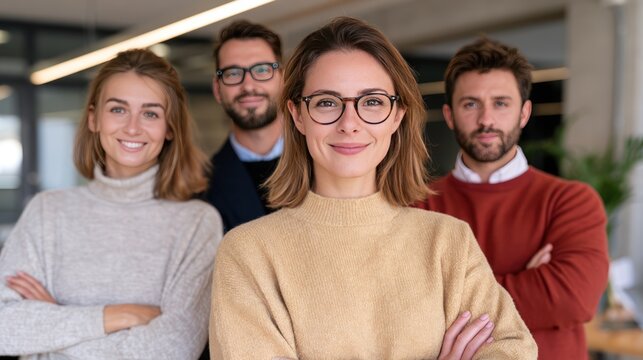 A confident team of four professionals, two women and two men, posing in an office environment. The two women in the foreground are smiling at the camera, one with crossed arms and wearing glasses.