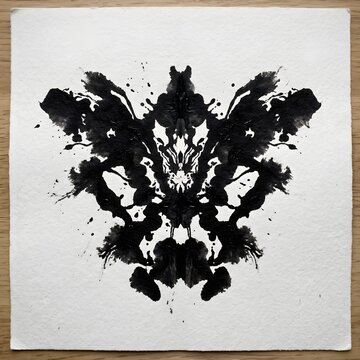 Black ink blot Rorschach symmetrical pattern on white paper artistic watercolor photography