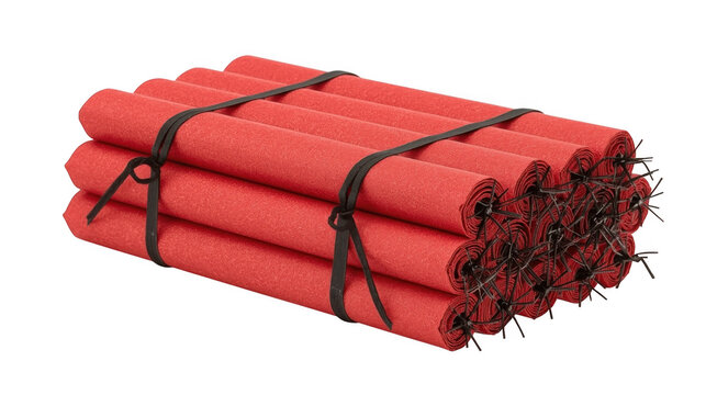 Dynamite bundle tied with black tape and visible fuses is isolated on a plain white background.