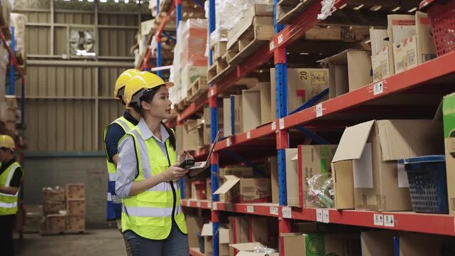 Team of Asian warehouse workers wearing yellow safety helmets holding and using a laptop and a barcode scanner to check inventory stock on shelves together in a logistics distribution factory center. 