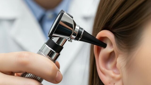 Doctor performing an ear examination using an otoscope on a patient