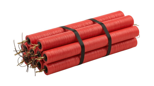 Dynamite sticks bound together with black tape and fuses are isolated on a solid white background.