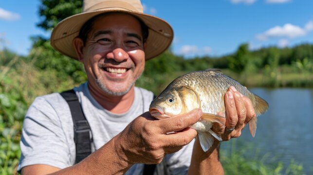 A smiling man holding a freshly caught fish, outdoors with a lake in the background