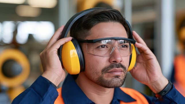 A man wearing safety gear, including ear defenders and safety glasses, in what appears to be an industrial setting. He is adjusting his ear defenders.