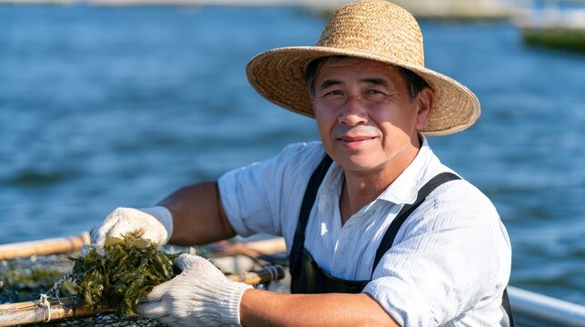 A farmer wearing a straw hat and gloves, harvesting seaweed from the ocean. He is smiling and looking at the camera, with the blue sea in the background
