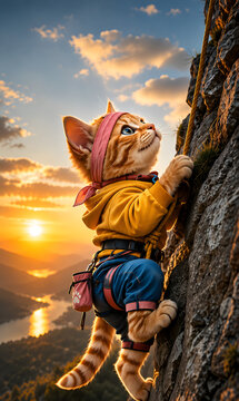 Cute orange tabby kitten climbing a steep rock cliff at sunset, wearing a yellow hoodie, blue climbing pants, harness and pink headband.