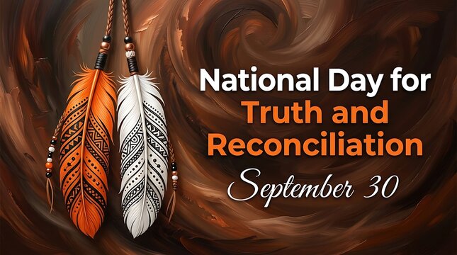 National Day for Truth and Reconciliation September 30. Orange and White Feathers with Indigenous Pattern. Respect, Memory and Indigenous Peoples' History. Breeze Background.