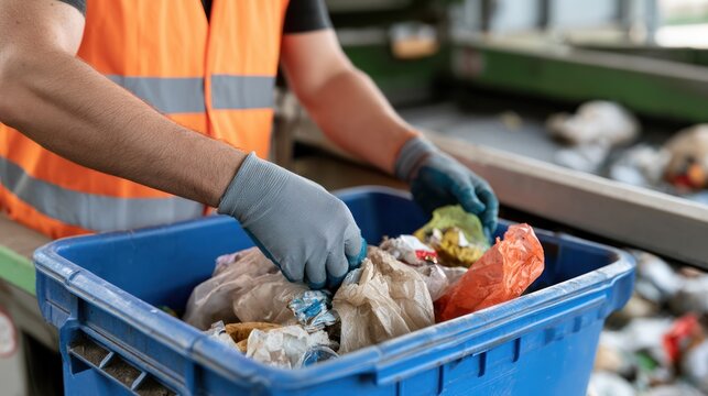 Worker sorting waste in a blue bin at a recycling plant. The worker is wearing gloves and an orange vest