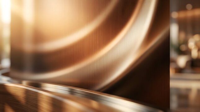 Brushed copper metal surface with warm glowing light reflection indoors