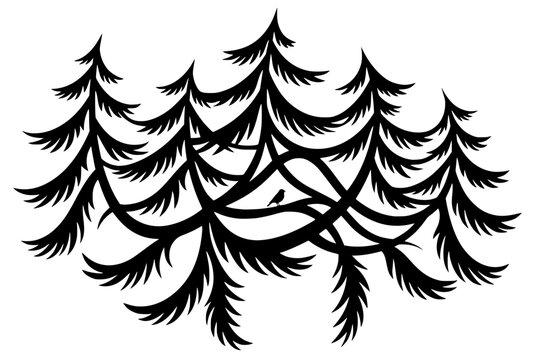 Black silhouettes of evergreen trees with curved branches and perched bird. Bold vector artwork symbolizing nature, wildlife, and decorative woodland charm.