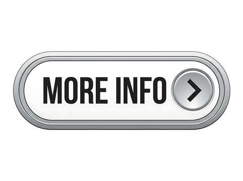 White button with more info text and metallic arrow icon isolated on white background