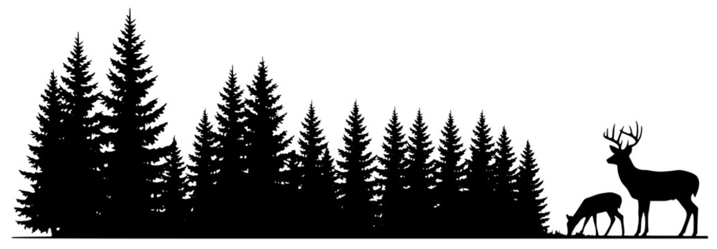 Black silhouettes of pine trees with stag and deer. Bold vector artwork symbolizing nature, wildlife, and peaceful woodland scenery in minimalist style.